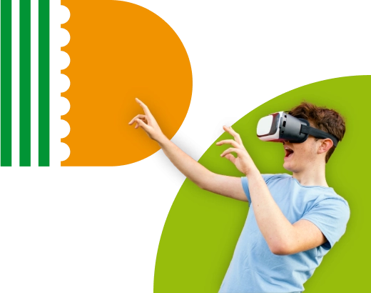 Visual of an excited student with virtual reality glasses on.